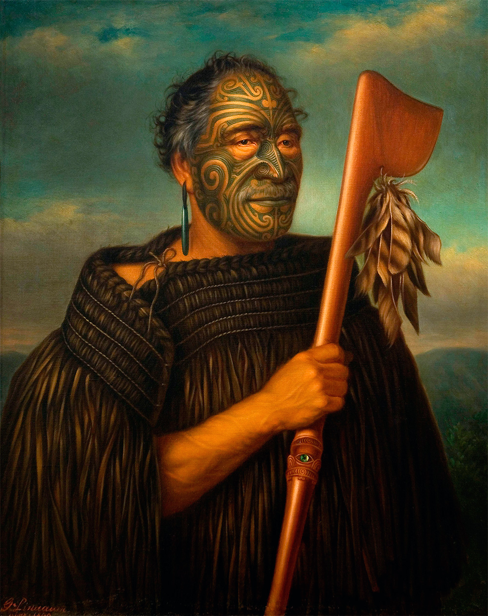 Painting. Oil on canvas, a man whose face is covered in tattoos, holds a carved, wooden weapon adorned with feathers.
This portrait shows the man from the waist up, focusing on the face, clothing, and the weapon gripped in his hand. The tattoos on his face have swirling patterns in black, converging down his nose in a straight line. A straight line also bisects his forehead and chin, with more swirls branching out from those lines. He wears long, solid, emerald green earrings and a very distinctive garment with long, smooth, brown feathers. The carved weapon he holds has both feather adornments and what appears to be an inlaid jewel in the shape of an eye on the staff, just below his hand.

