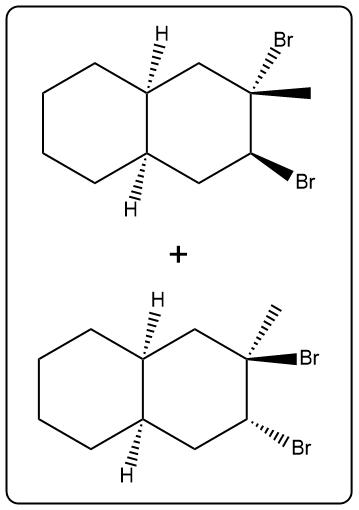 Reaction diagram showing the addition of Br2 to a compound, illustrating halogenation products.