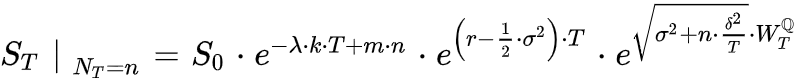 S_T|_{N_T=n}=S_0*e^{-lambda*k*T+m*n}*e^{(r-1/2*sigma^2)*T}*e^{sqrt(sigma^2+n*delta^2/T)*W_T^QQ}