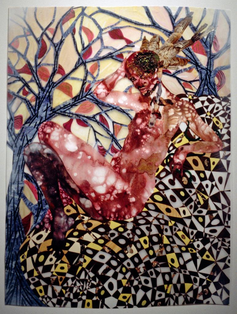 Mixed Media. Various cut-out shapes and textures form the figure of a nude woman, reclining in front of trees.
This work of mixed media is comprised of many different materials, mounted on a large, mylar panel. Though the overall composition is stylistically flattened, there is a clear background and foreground. In the background, on a hill rising into the distance, the trunks and branches of two trees are cut from light blue material, incised with patterns of black lines. Foliage has been cut in various reds and oranges, in delicate leaf shapes. In the foreground, there is a patterned surface in dazzling black, yellow, and white geometric shapes, dominated by diamonds, triangles and circles. A nude female figure reclines on this as if the surface is soft and comfortable. Her flesh is patterned in such a way that makes her somewhat blend in with the rest of the work, even though the rich reds and browns of the flesh distinguish her from the other parts of the work. Her head is bent slightly forward at an unusual angle, her right arm raised with the hand behind her head. She leans back on her left elbow, her hand dangling gracefully next to her torso. A green snake appears to writhe over the left hand and in between her fingers.

