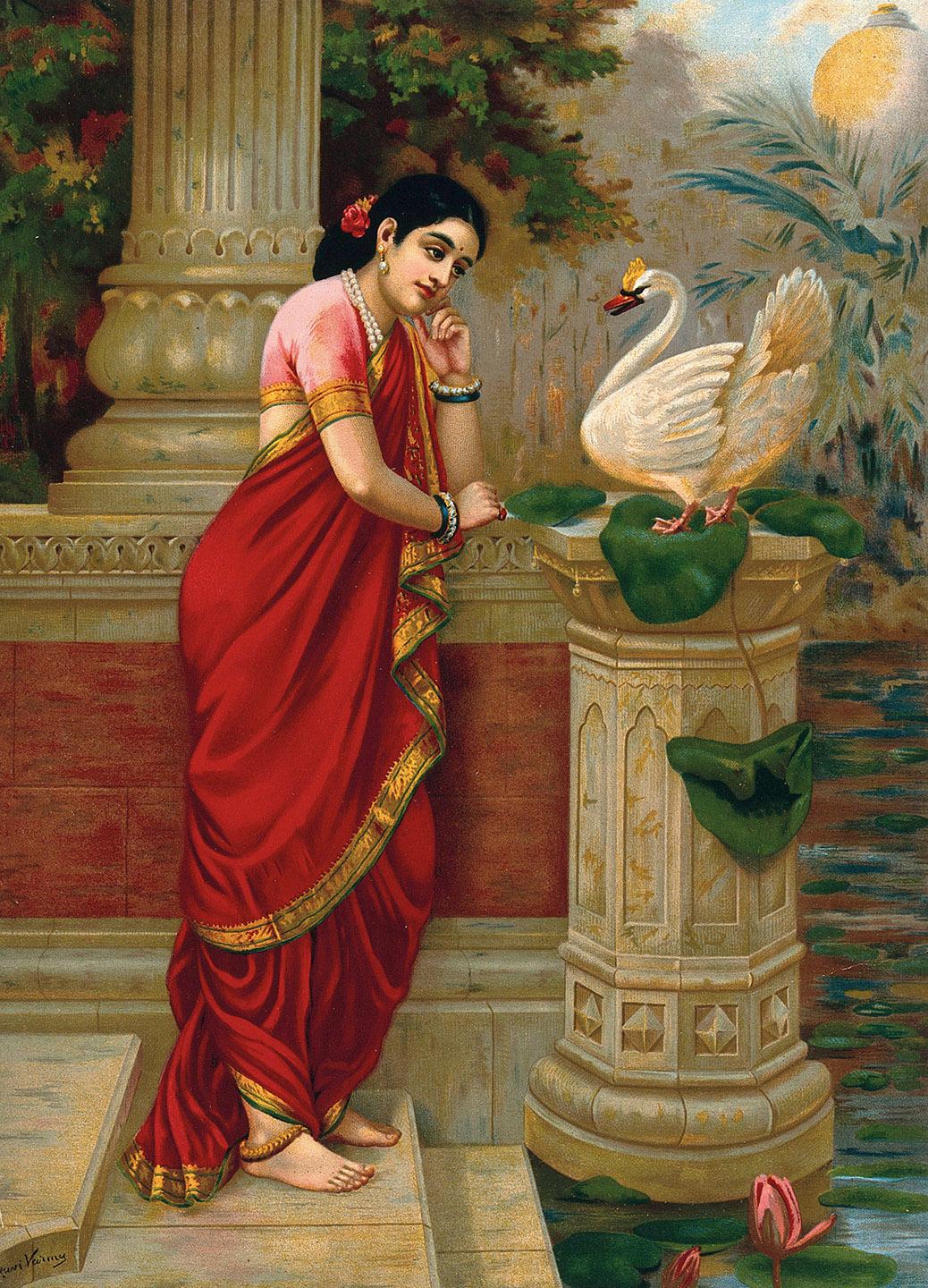 A person in a red dress and a white swan

Description automatically generated