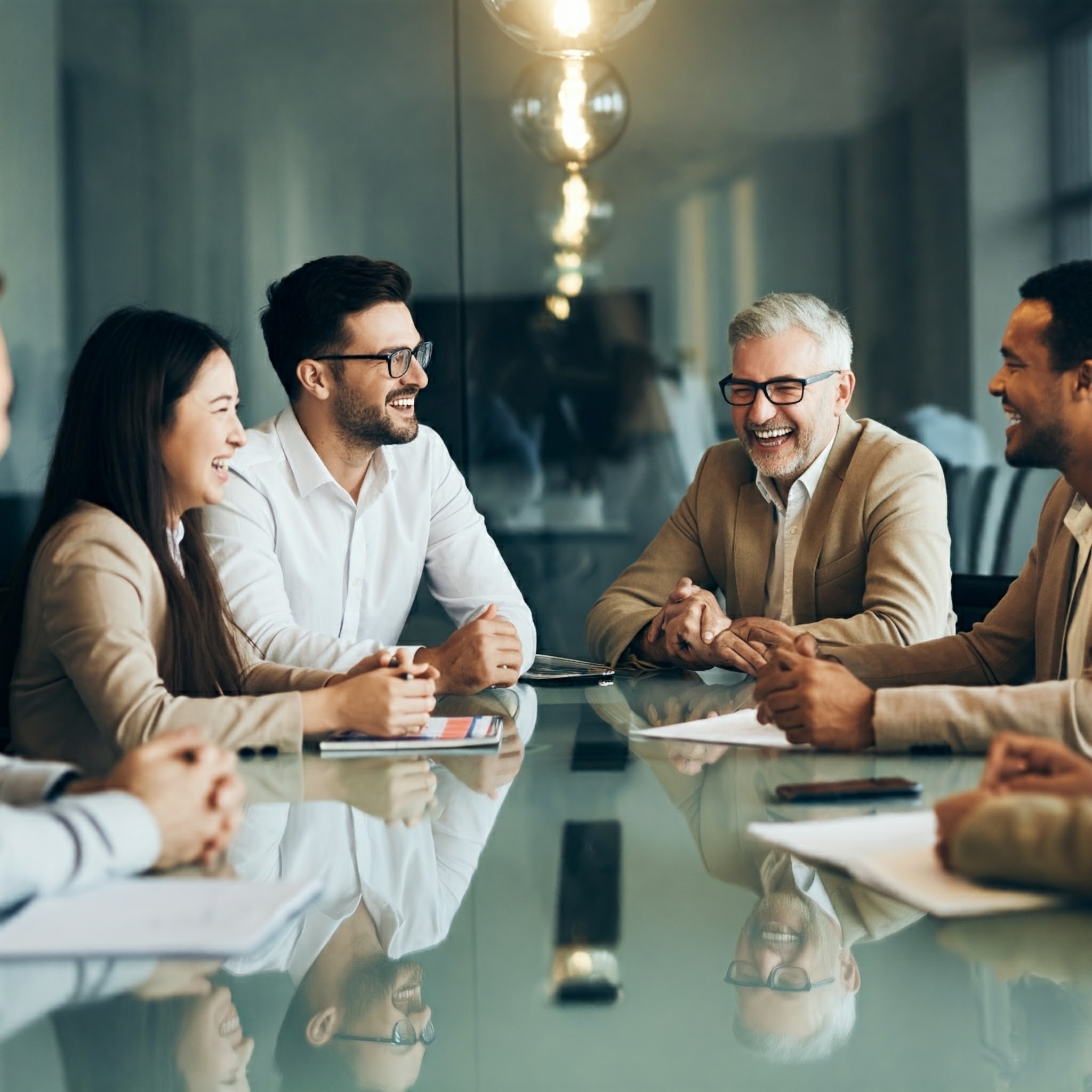 Group seated at a boardroom table smiling.