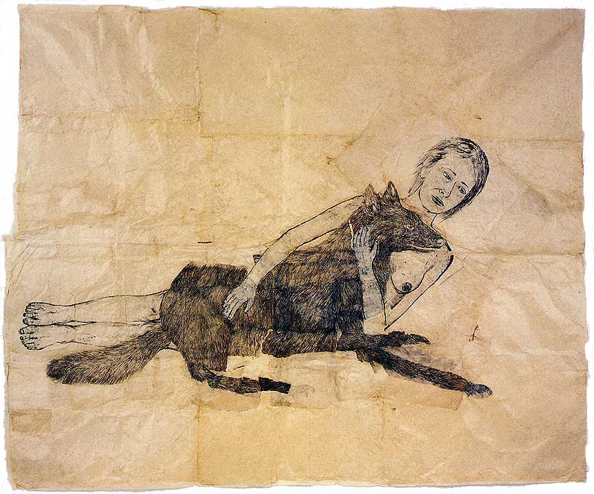 Drawing. Ink and pencil on wrinkled paper, a nude woman reclines on her side, embracing a wolf.
The nude, reclining woman lies on her side, facing us. The wolf she is embracing covers half of her body, from her neck to her knees. Her left breast is exposed under the wolf's chin, her face and posture are relaxed. The quality of drawing is light and sketchy.
