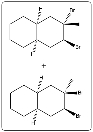 Reaction diagram showing the addition of Br2 to a compound, illustrating halogenation products.