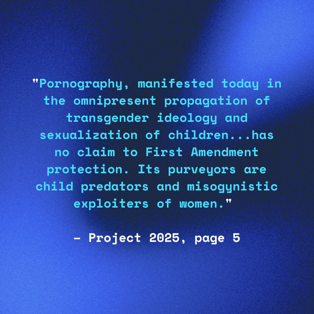 Full text reads: Pornography, manifested today in the omnipresent propagation of transgender ideology and sexualization of children...has no claim to First Amendment protection. Its purveyors are child predators and misogynistic exploiters of women. - Project 2025, page 5