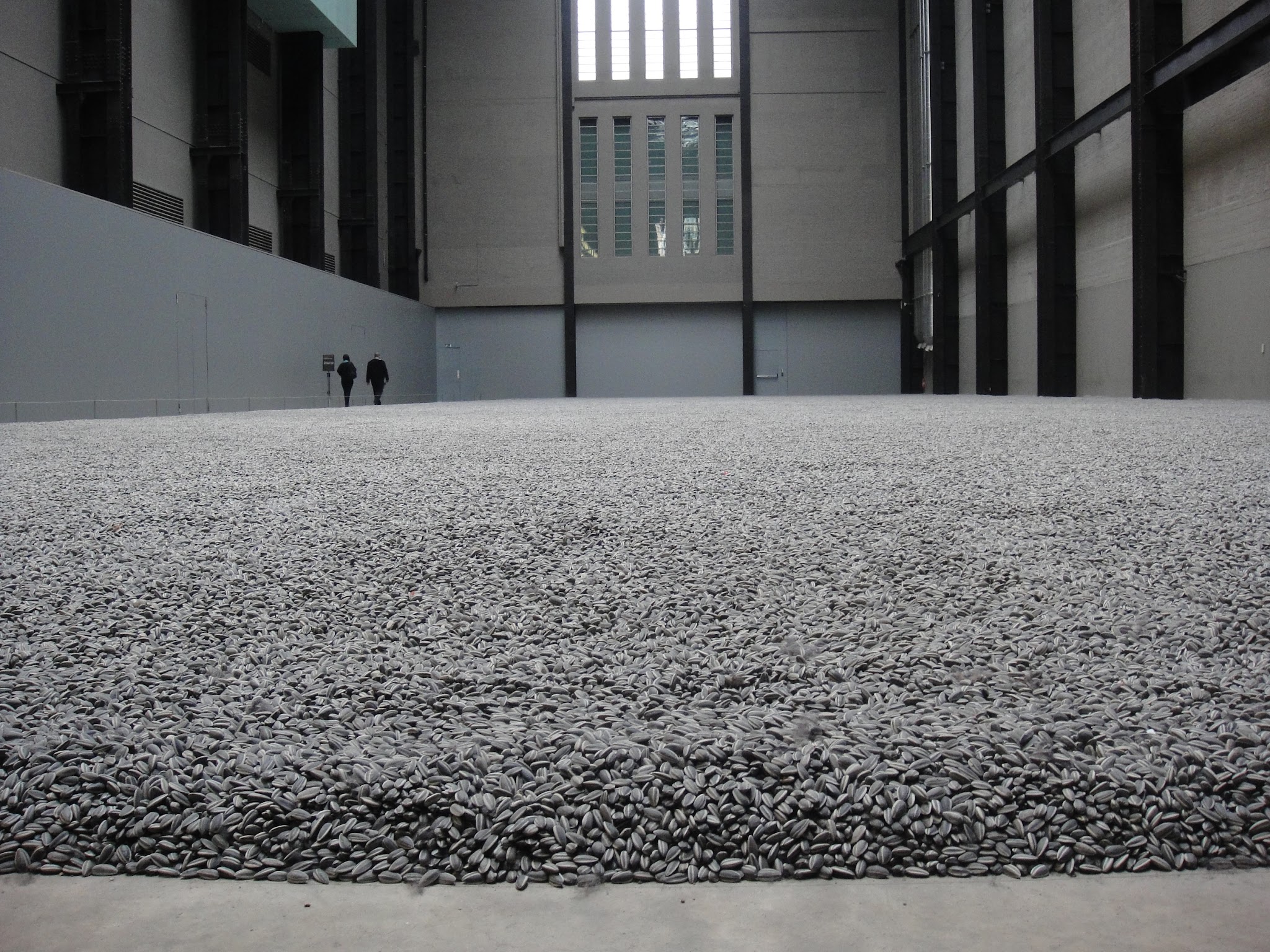 Installation. View of a large, industrial room, the floor covered in what looks like millions of sunflower seeds. At the far end of the room, two human figures provide a sense of the monumental scale of this installation. The edge of the covered surface is visible, indicating that the pile of what looks like sunflower seeds is several inches deep. 
