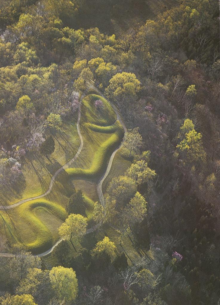 Earthwork. Aerial view of a vast, raised, twisting form sprawling across a large, green hill, surrounded by trees.
The land is altered or modified as if it were a sculpture. This massive shape curls back and forth in a snake-like form, culminating in a coil at one end and an elliptical, egg-like shape at the other end.
