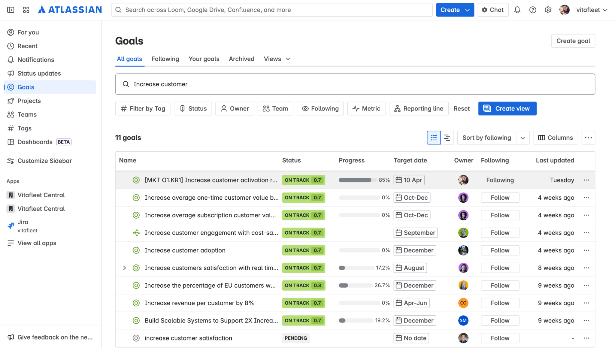 Set key objectives in Atlassian Goals to create shared visibility into each team’s work.
