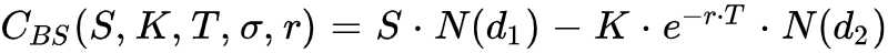 C_{BS}(S,K,T,sigma,r)=S*N(d_1)-K*e^{-r*T}*N(d_2)