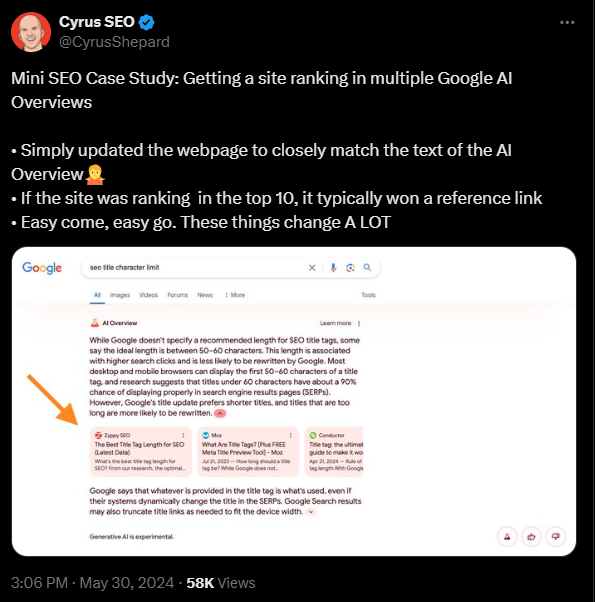 Cyrus tested updating the page to closely match the text of the AI Overview!